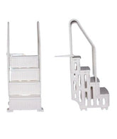 Sterns narrow pool steps. White plastis with white rails